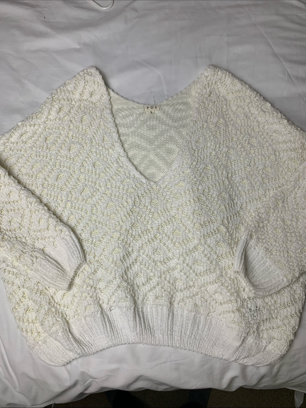 POL Women’s Sz L Ivory Crochet Knit  cropped Pullover Sweater Chunky Lightweight